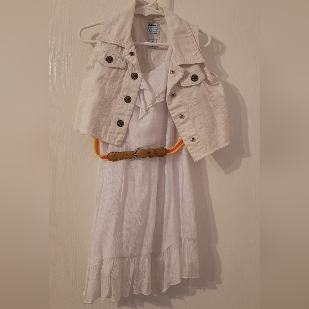 Old Navy Size 3T Girl's White Sundress Dress W/Belt Lightweight With Denim Vest